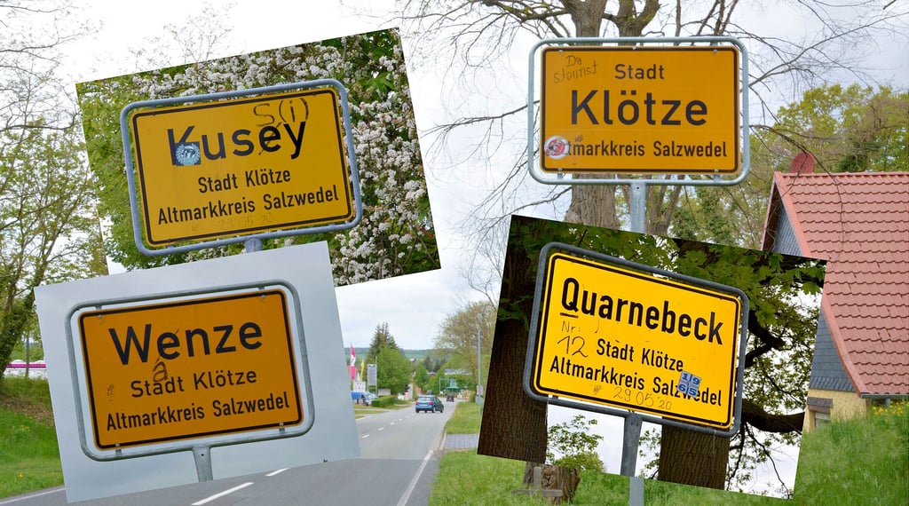 Mehrere Ortschilder in der Einheitsgemeinde Stadt Klötze sind beschmiert. Fotos/Montage: Tobias Roitsch