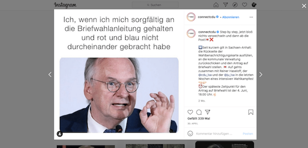 Der Instagram-Account "Connectcdu" verbreitet vermeintlich lustige Bilder von Politikern der Partei, um junge Menschen als Wähler zu gewinnen.