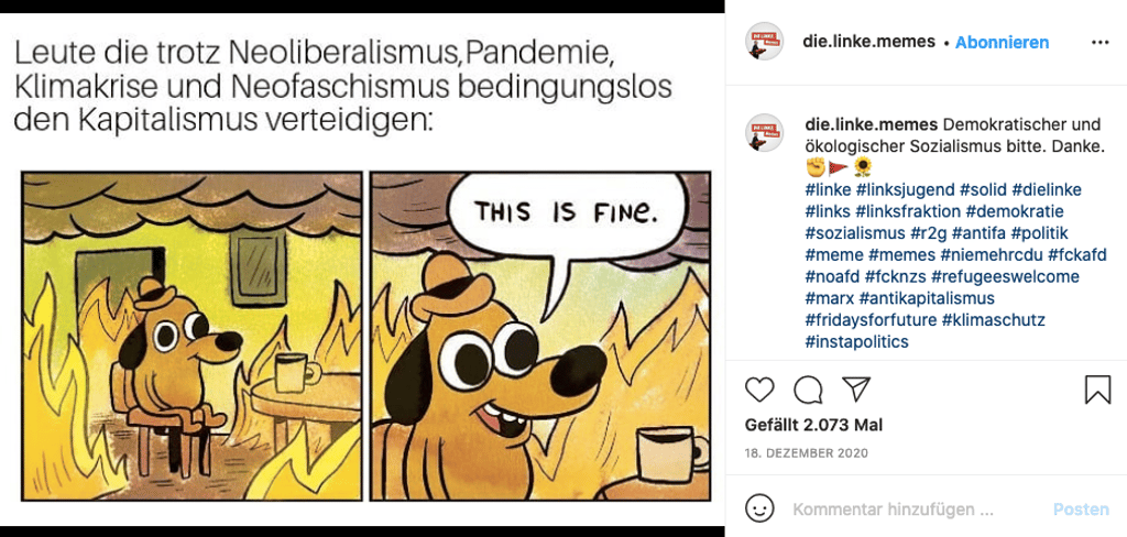 Die Linke scheint weniger auf bekannte Gesichter aus der Partei zu setzen, als auf "klassische" Motive der Meme-Szene. Dafür geraten die Macher des Accounts immer wieder inhaltlich in die Kritik der User.
