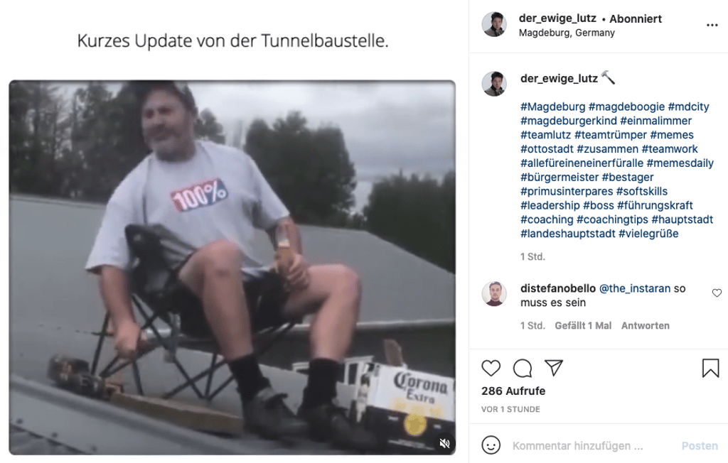 Auf dem Account "der_ewige_lutz" wird mit Vorliebe gerne das Thema Tunnelbaustelle in Magdeburg aufgegriffen.