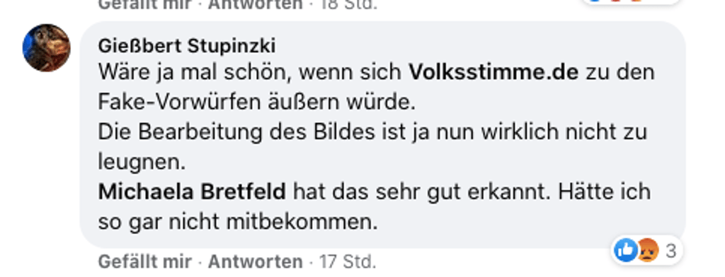 Ein öffentlicher Kommentar auf der Facebook-Seite der Volksstimme.