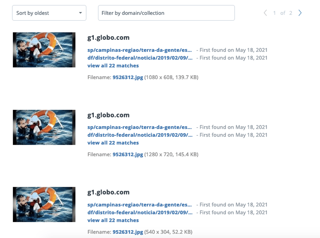 Screenshot der Suchmaschine Tineye, um den Kontext des Bildes zu verifizieren.