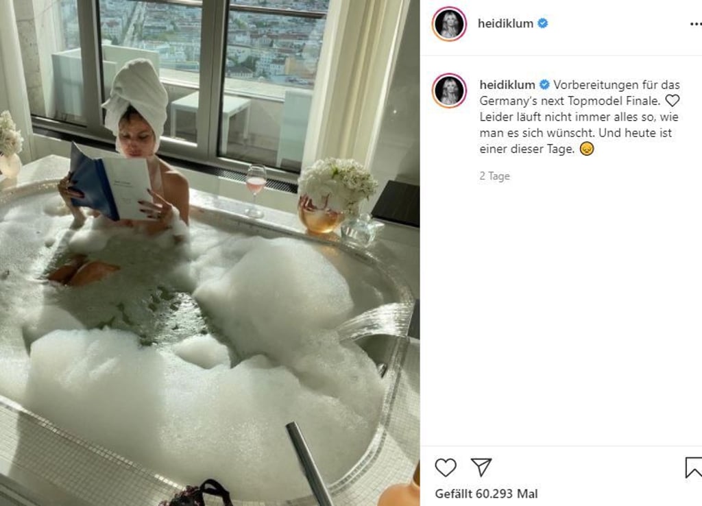 "Leider läuft nicht immer alles so, wie man es sich wünscht," schreibt die GNTM-Chefin Heidi Klum zu ihrem Instagram-Foto auf dem sie in einer Badewanne entspannt.