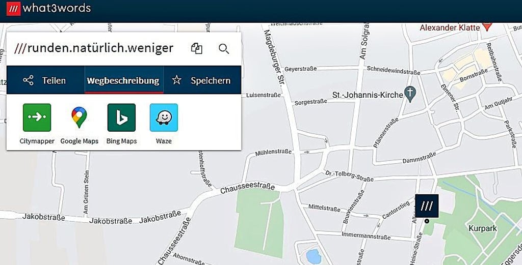 So sieht die Webseite von ?what3words? aus. Ein Teil des Kurparkes in Bad Salzelmen heißt ?runden.natürlich.weniger?.