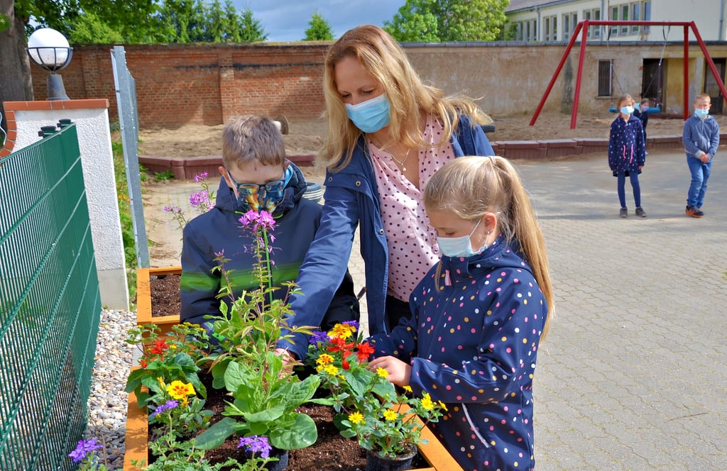 Schulsozialarbeiterin Ribbert pflanzt zusammen mit Romy (7, 1. Klasse) und Henry (8, 2. Klasse) erste Blumen ein.