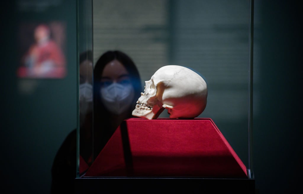 Eine Mitarbeiterin der Staatlichen Kunstsammlungen betrachtet in der Sonderausstellung „Bernini, der Papst und der Tod“ einen Totenkopf aus weißem Carrara-Marmor.