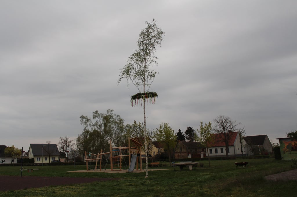 Auf dem Dorfplatz in Bias überragt der Maibaum das Gelände.
