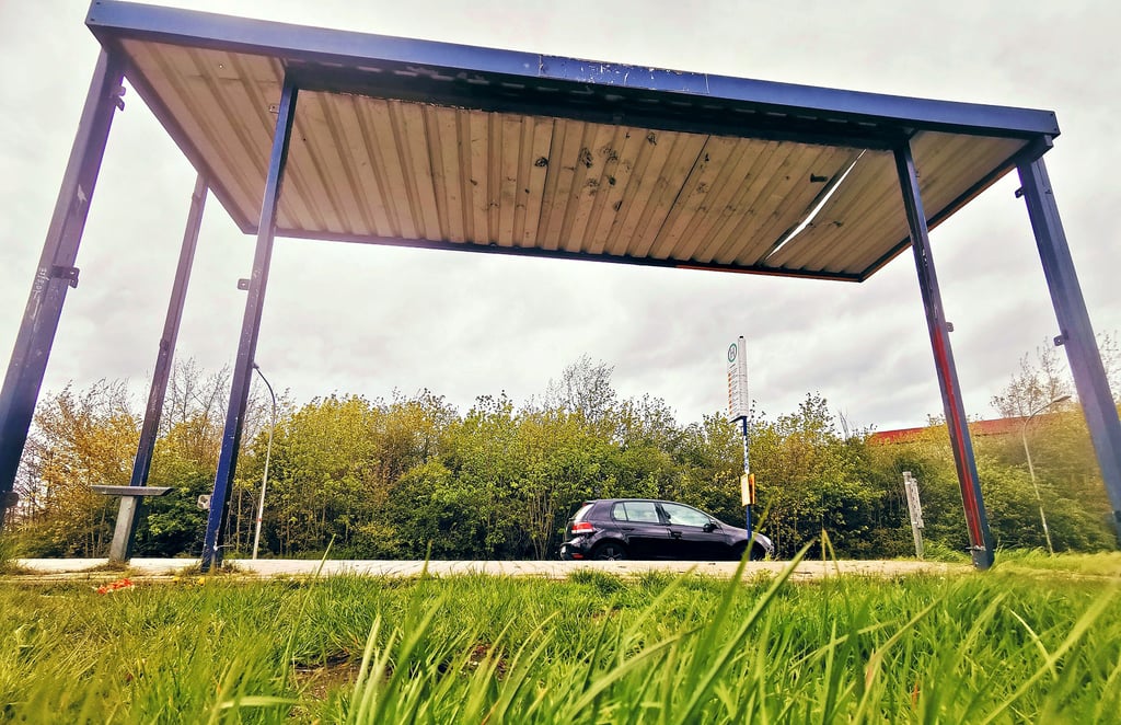 Idyllisch, wie das Gras hinter der Bushaltestelle an der Pestalozzi-Schule in Salzwedel wächst. Davor ist deutlich die in die Jahre gekommene und zerstörte Bushaltestelle zu erkennen.