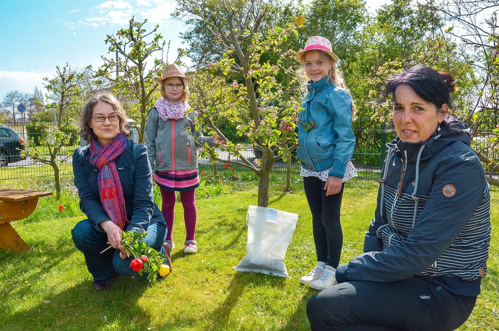 Isabel Reuter vom Bund legt gemeinsam mit Hortkindern der Kleersgrundschule eine Blühwiese an.