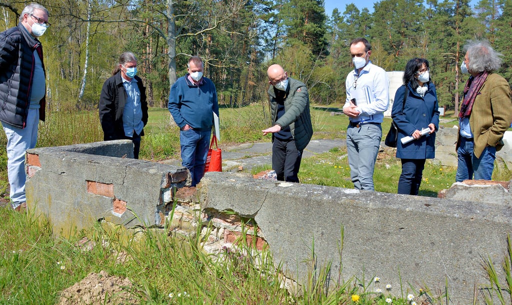 Die Expertengruppe von Restauratoren und Denkmalschützern an einem baulichen Überrest der Küche des einstigen KZ Langenstein-Zwieberge.