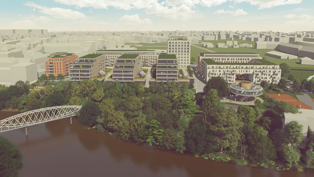 Das geplante Wohnquartier an der Saale umfasst acht Gebäude. Auf den Balkons ist der Blick zum Fluss frei. Überhalb der Saale soll auch ein Restaurant auf Stelzen gebaut werden. Es soll wegen des Rundbaus den Namen Krähennest erhalten.