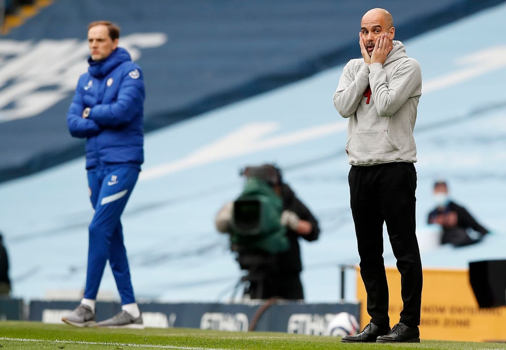 Pep Guardiola (r) verlor mit Man City gegen den FC Chelseas und Thomas Tuchel.