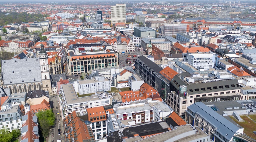 Blick auf die Innenstadt von Leipzig in nördlicher Richtung.