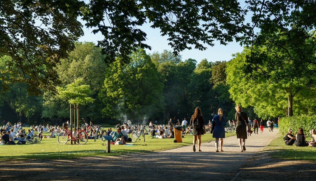 Menschen genießen das schöne Wetter im Schrevenpark.