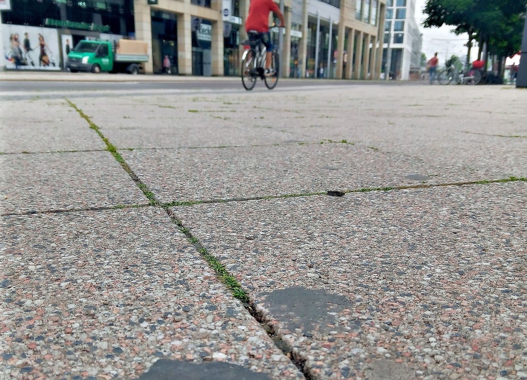 Ein durch Kaugummis verschmutzter Gehweg auf dem Breiten Weg in Magdeburg. Die schwarzen Flecken zersetzen sich nicht, bleiben also über Jahre erhalten, falls sie nicht entfernt werden.