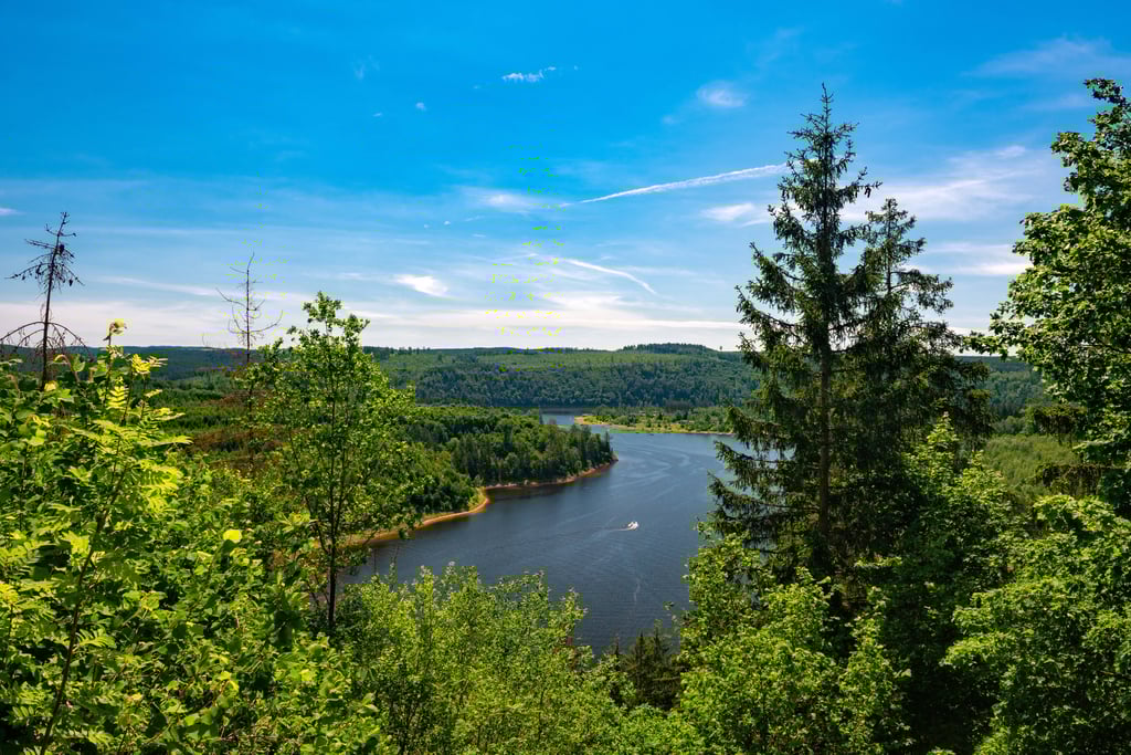 Aussicht auf die Bleilochtalsperre in Thüringen.