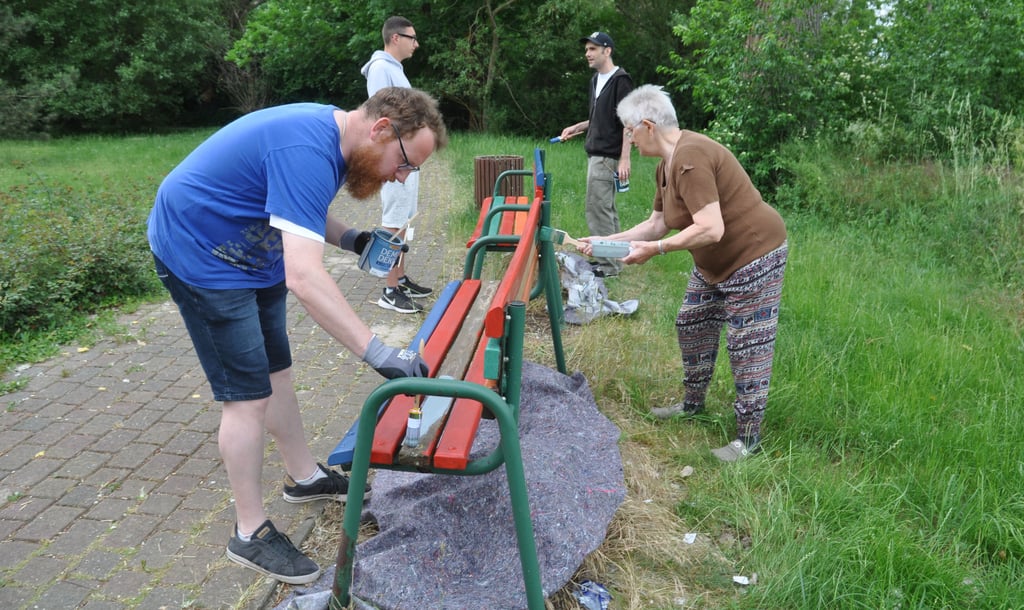 Sebastian Kroll, Emma Haberer, Matthias Würfel und Alessandro Engelhardt beim Streichen zweier Bänke.