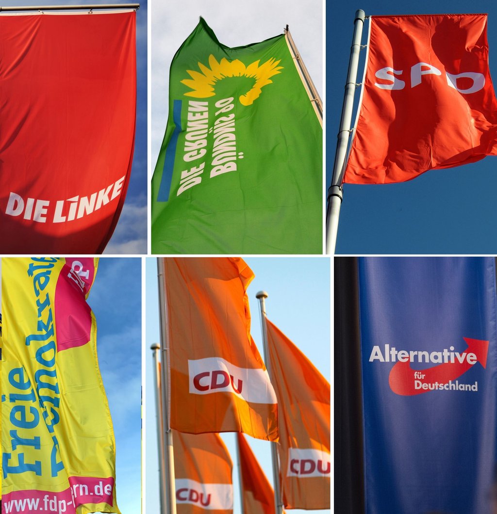 Die Fahnen der Parteien Die Linke (oben, l-r), Bündnis 90/Die Grünen und SPD, und der FDP (unten, l-r), CDU und AfD.