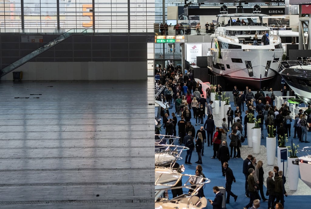 Die leere Halle 6 der Messe Düsseldorf (l) und dieselbe Halle am 18.01.2020 während der Wassersportmesse "boot".