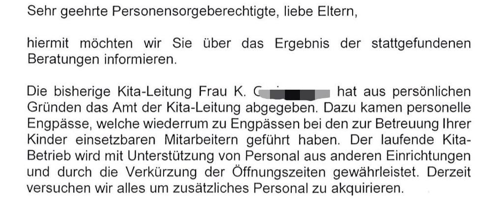 Mit diesem Brief an die Eltern verlässt die Leiterin der Einrichtung den Kindergarten.