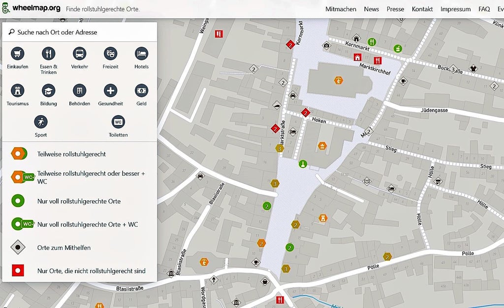 In der Wheelmap-App sehen Rollstuhlfahrer schon vor Antritt der Reise, ob Geschäfte und Sehenswürdigkeiten erreichbar sind.