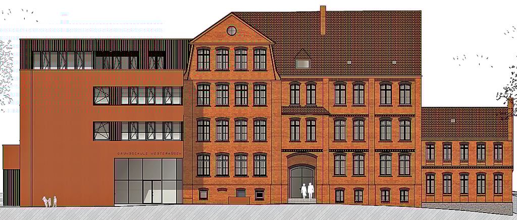 Entwurf für die traditionsreiche Grundschule Westerhüsen auf einem Grundstück an der Zackmünder Straße mit dem Anbau auf der linken Seite.