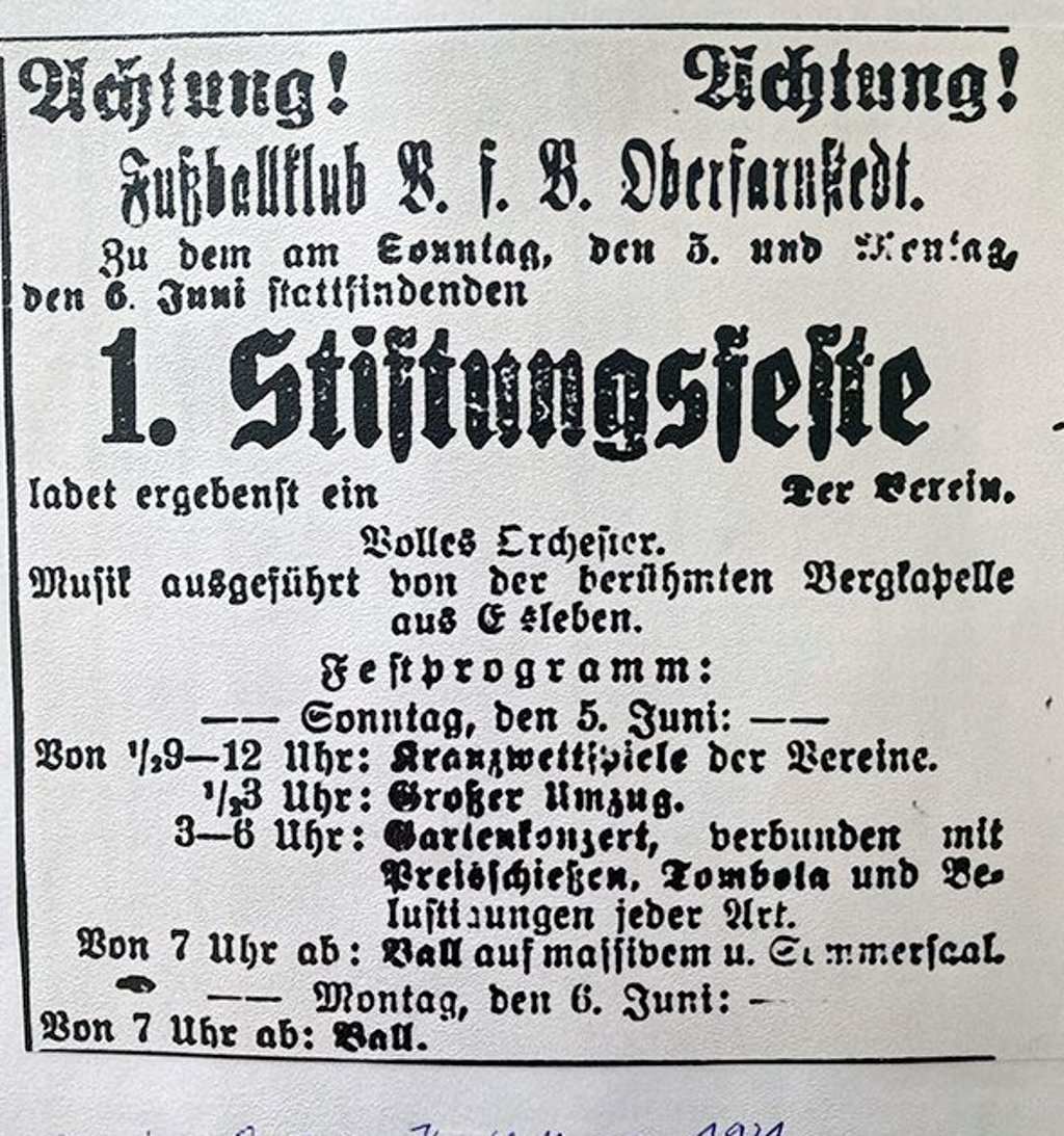 Dies ist ein Auszug aus dem Querfurter Kreisblatt von 1921: Am 5. und 6. Juni lädt der Fußballklub VfB Oberfarnstädt zu seinem 1. Stiftungsfest ein.