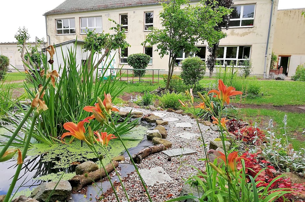 Seit 20 Jahren trägt Rehmsdorf den Titel „Umweltschule in Europa“. Biotop (Foto), grünes Klassenzimmer und Insektenhotel gehören dazu.