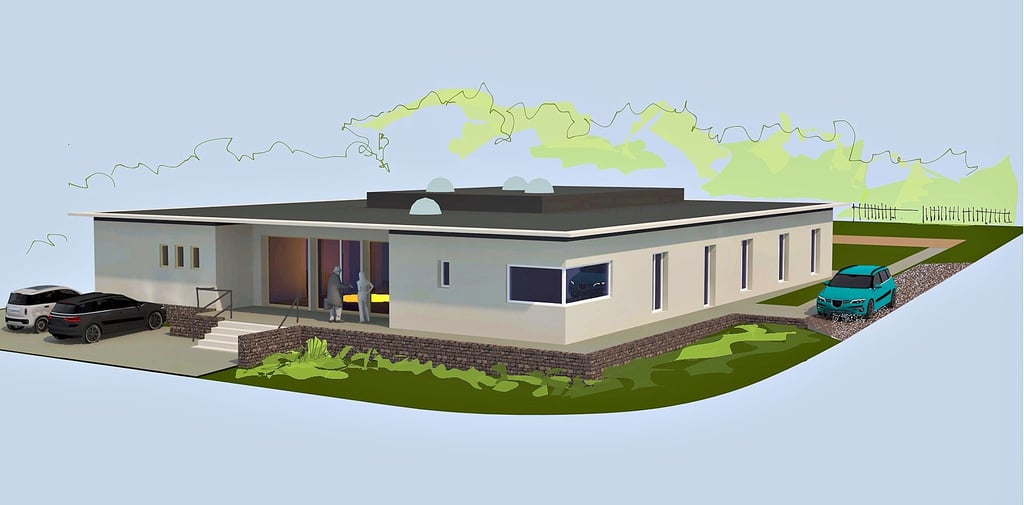 Die Lebenshilfe will auf dem Hagenberg in Gernrode einen neuen Hort bauen. Der Entwurf zeigt die Nord-Ost-Ansicht des Gebäudes.