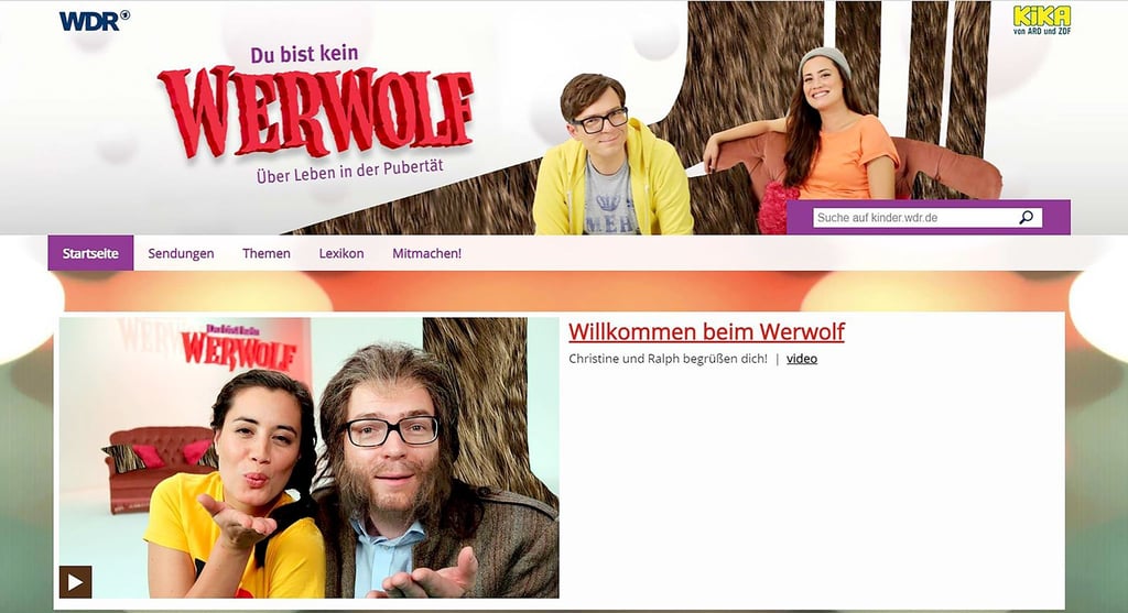 Auf der Internetseite „Du bist kein Werwolf“ vom WDR-Kinder-TV dreht sich alles um das Leben in der Pubertät. Diese Seite gehört zu einer der empfohlenen Klick-Tipps-Seiten zum Thema Pubertät.