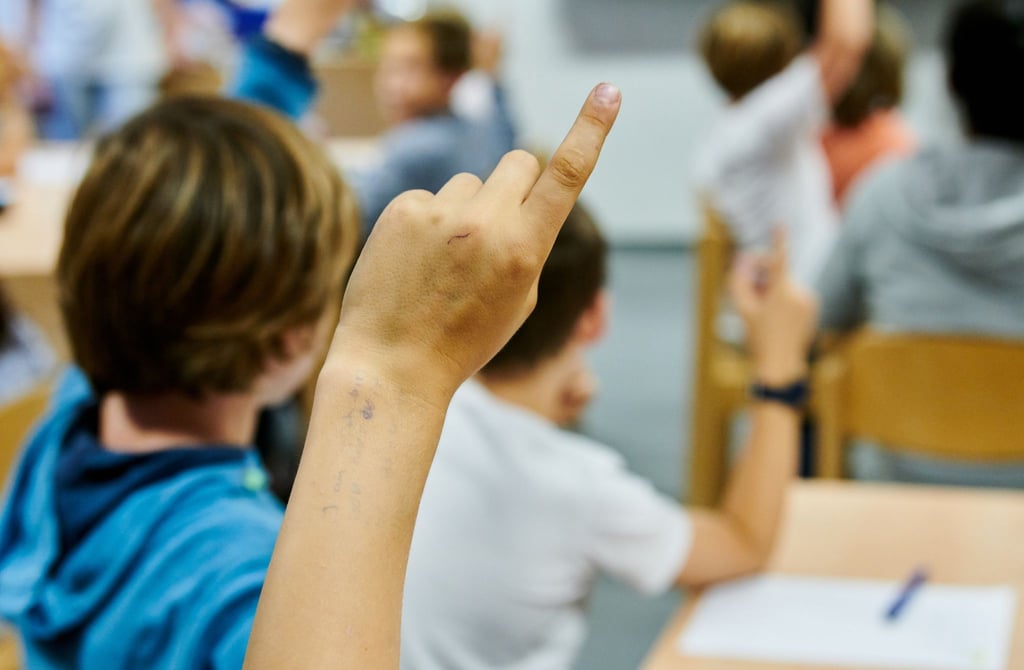 Ein Schüler meldet sich im Unterricht.