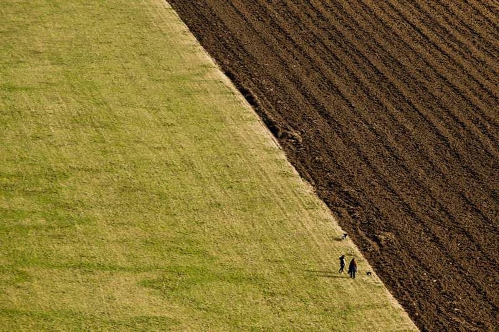 Ausflügler spazieren mit Hunden im Naturpark Altmühltal am 08.03.2015 bei Solnhofen (Bayern) über ein Feld. Foto: Daniel Karmann/dpa +++(c) dpa - Bildfunk+++