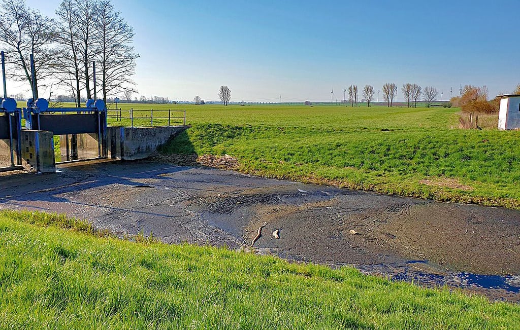 Dieses Foto vom Wulferstedter Wehr ist vom 21. April 2021. Wo eigentlich Wasser sein sollte, ist vor allem Schlamm zu sehen.