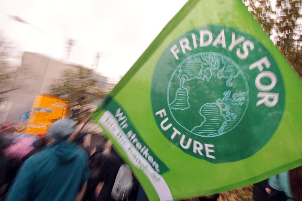 Teilnehmer einer Demonstration der Bewegung Fridays For Future mit Fahne