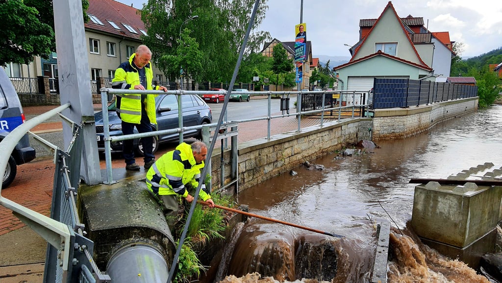 Volker Friedrich und Ulrich Eichler (vorn) von Wernigerodes Wasserwehr kontrollieren den Ablauf an der Insel in Hasserode.