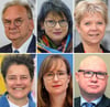 Kämpfen in Sachsen-Anhalt um die Wählergunst (von links nach rechts und oben nach unten): Reiner Haseloff (CDU), Katja Pähle (SPD), Cornelia Lüddemann (Grüne), Lydia Hüskens (FDP), Eva von Angern (Linke) und Oliver Kirchner (AfD).