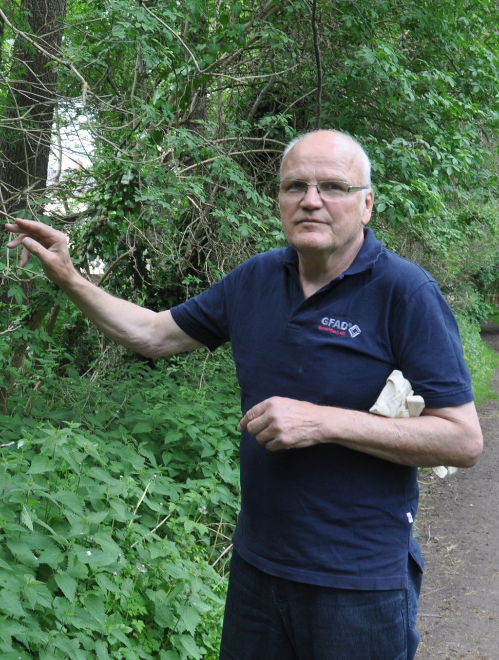 Fachberater Peter Staats am Mühlgraben. Er vermutet, dass die Holunderbüsche ausgetrocknet, abgestorben und dann entfernt worden sind.