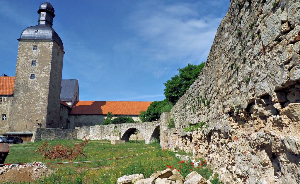 Schäden zeigen sich vor allem am vorderen Teil der Mauer, hier sind durch den früheren Wall Steine herausgebrochen. Die Zehntscheune reichte einst bis nahe an den Bergfried im Hintergrund heran.