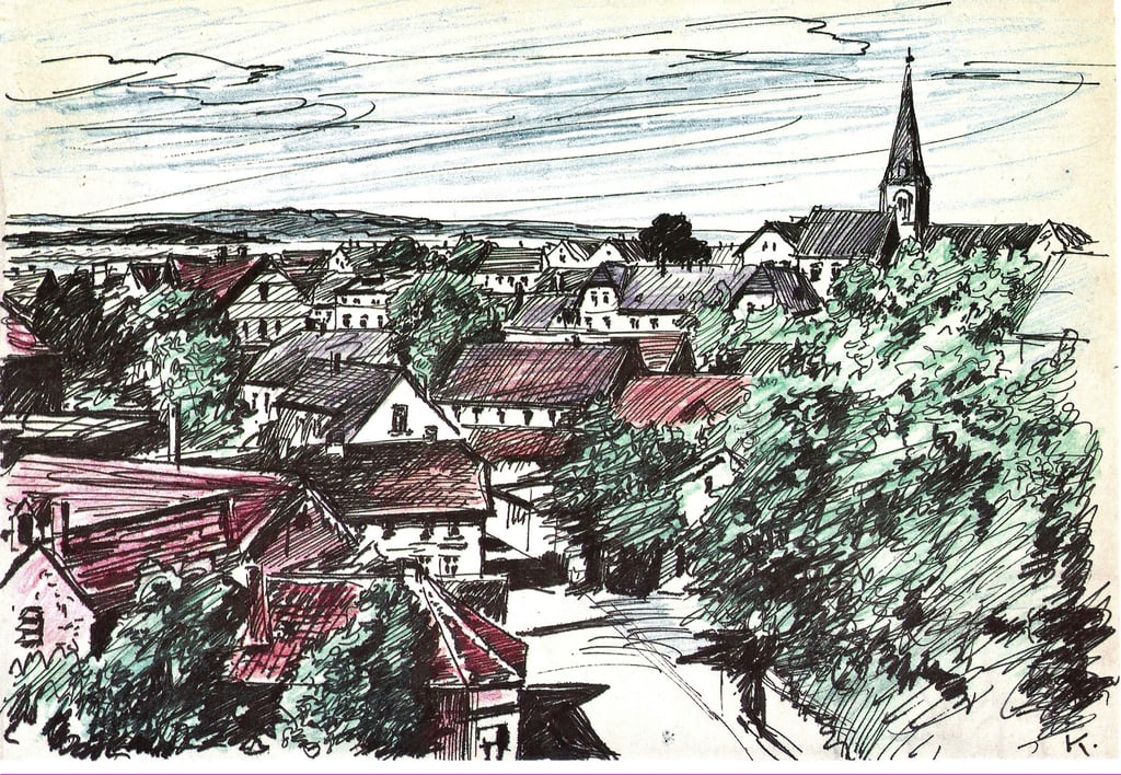 Blick auf Hötensleben aus erhöhter Position, eine Zeichnung Köhlers von 1977.