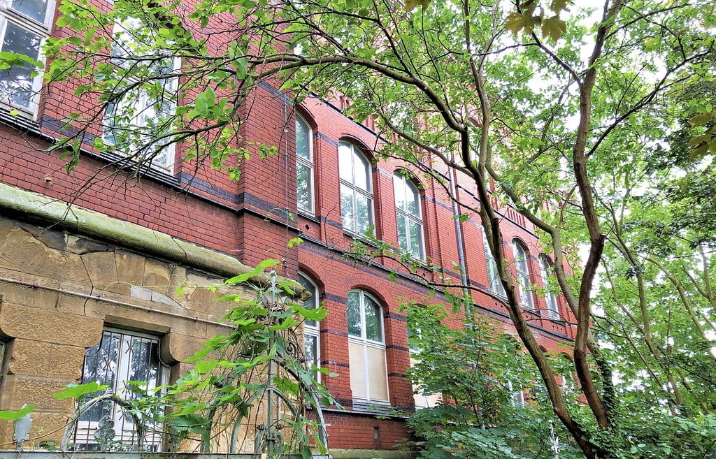 Das leerstehende Haus II der Weißenfelser Bergschule hat eine für Bauarbeiten problematische Lage. An einer Seite grenzt der von Grün umrankte Backsteinbau unmittelbar an eine Treppe, die in die Altstadt führt. Der Abstand beträgt hier nur etwa 1,50 Meter.