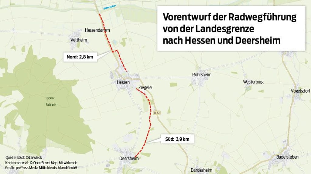 Vorentwurf der Radwegführung von der Landesgrenze nach Hessen und Deersheim