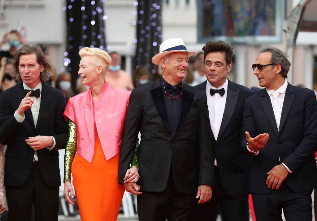 Regisseur Wes Anderson (l-r), Tilda Swinton, Bill Murray, Benicio Del Toro sowie Filmkomponist Alexandre Desplat in Cannes.