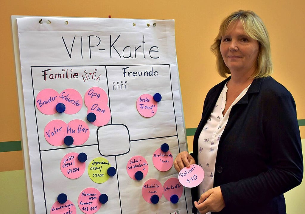 Katrin Querfurth während eines Präventionsvortrages.
