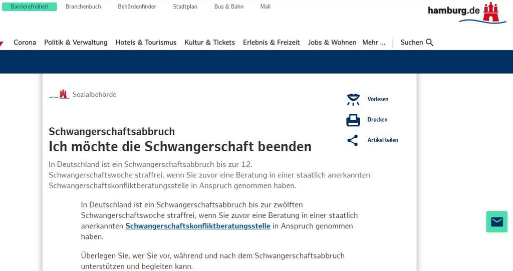 Auf der Hamburger Internetseite finden sich ausführliche Informationen zur Konfliktberatung, aber auch zu Methoden und zu ausführenden Praxen beim Schwangerschaftsabbruch. Die Stadtverwaltung Magdeburg lehnt solche Informationen auf ihrer Homepage ab.