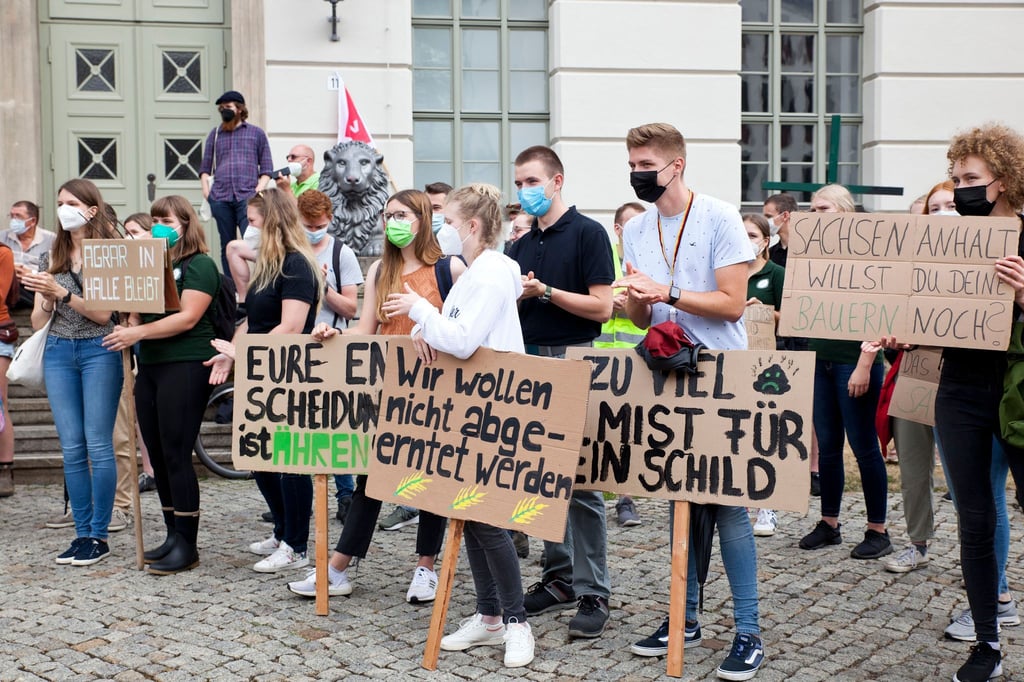 Demonstranten sitzen mit ihren Plakaten vor der Martin-Luther Universität.