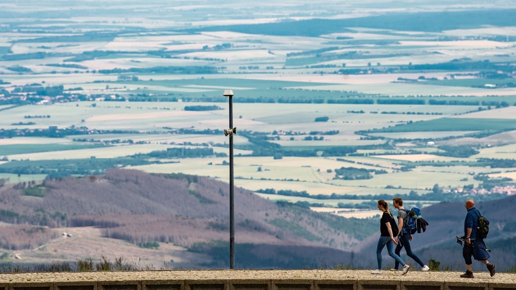 Wanderer gehen über einen Bahnsteig der Brockenbahn mit einem Ausblick vom Brocken im Harz. Foto: Swen Pförtner/dpa/Archivbild