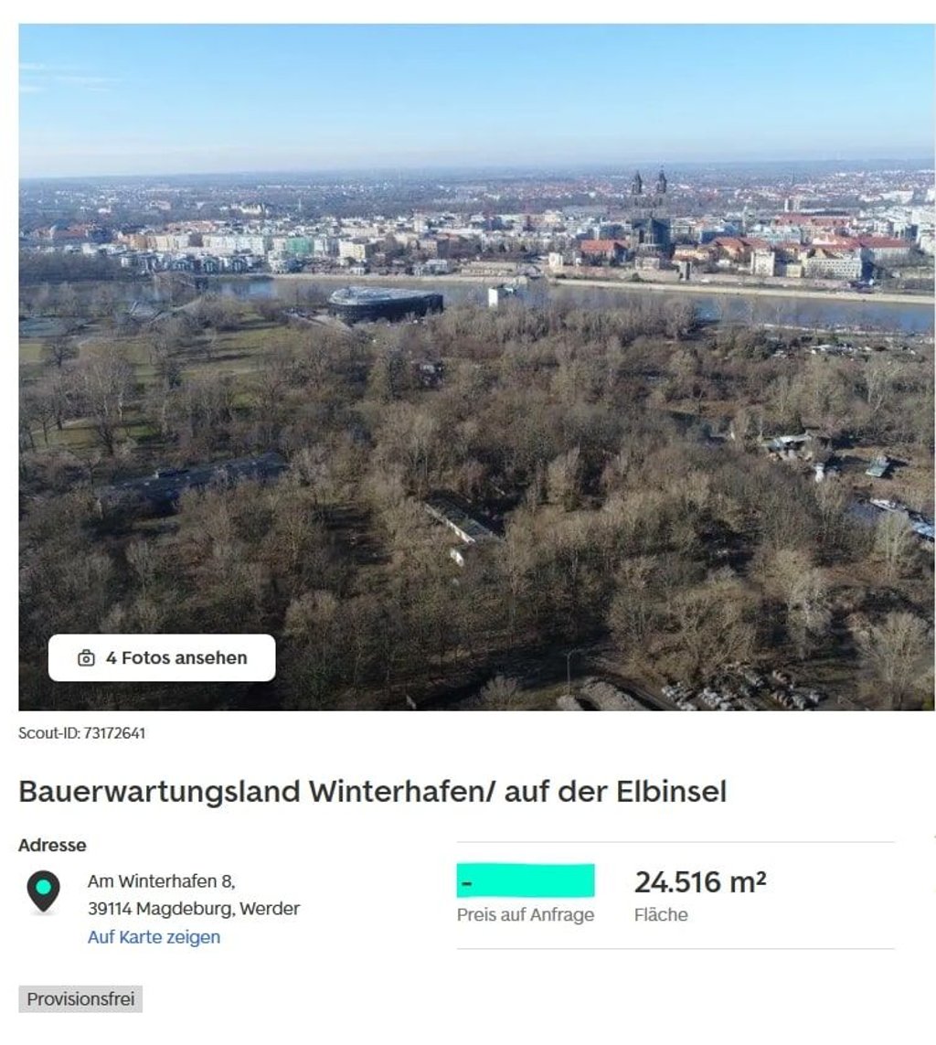 Anzeige für Bauerwartungsland am Winterhafen in Magdeburg.