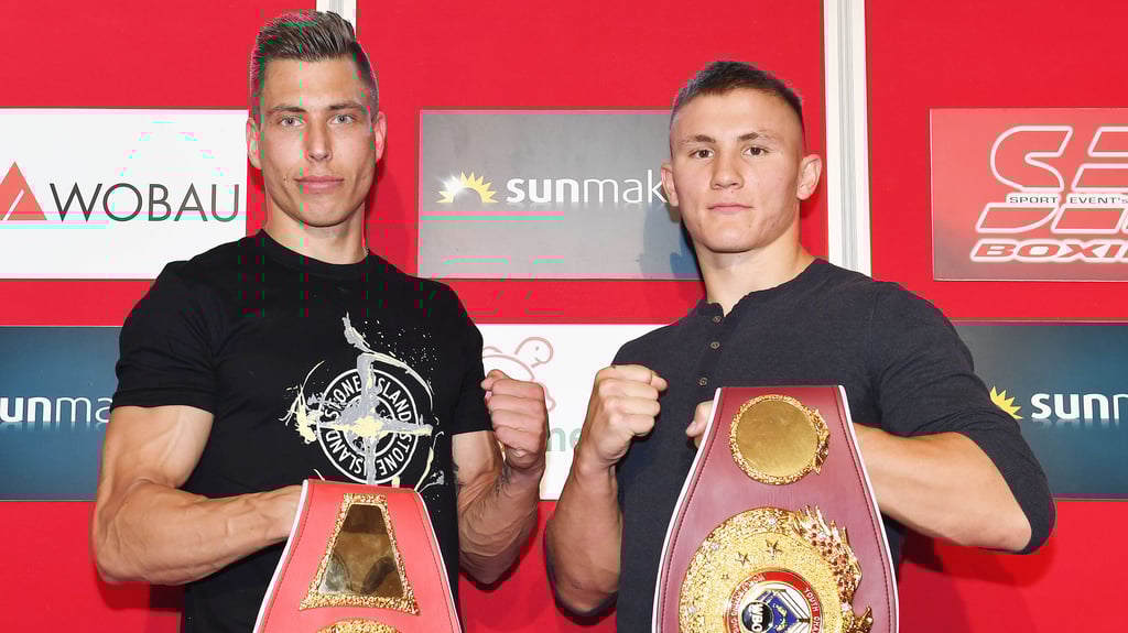 Tom Dzemski (l.) und Michael Eifert boxen am Samstag in Magdeburg gegeneinander.