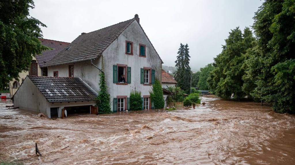 Die Kyll ist in Erdorf über die Ufer getreten und hat Teile des Dorfes geflutet.
