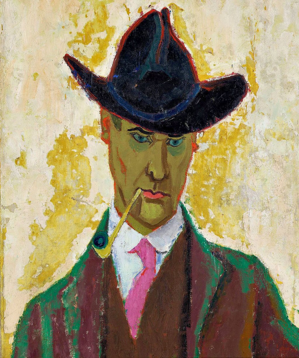 Lyonel Feininger: Selbstbildnis mit Tonpfeife 1910. Die Galerie bewirbt damit ihre Ausstellung zum 150. Geburtstag ihres Namensgebers.